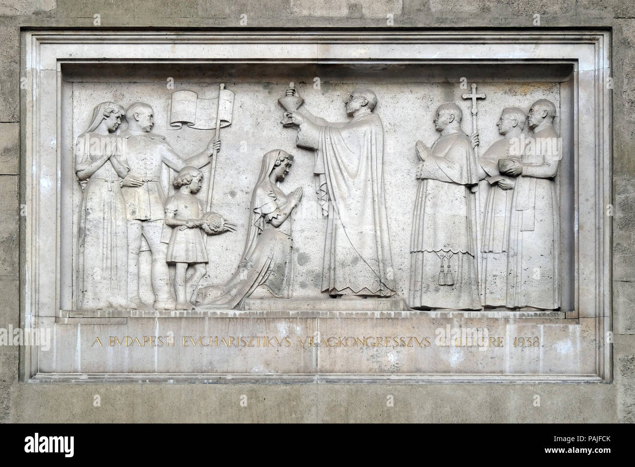 The Eucharistic Congress in Budapest in 1938, bass relief on the Saint Stephen`s Basilica in Budapest, Hungary Stock Photo